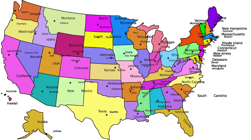 United States of America state map for the license plate game