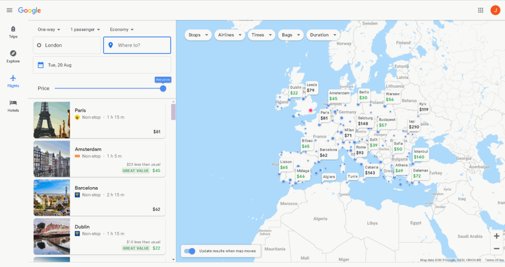 Using google maps to find cheap european flights