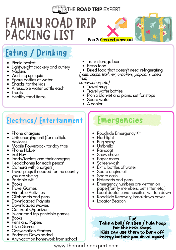 family road trip packing list free printable download checklist