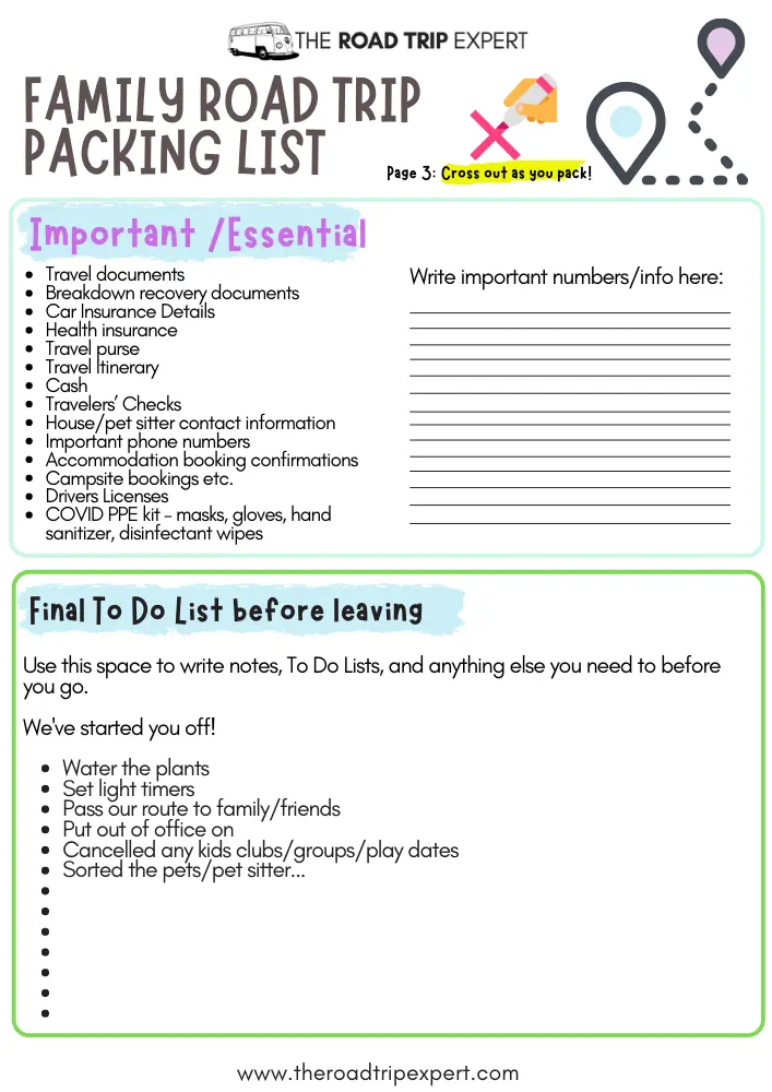 Family Road Trip Printable Packing List Download