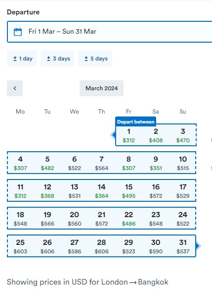 Kiwi.com screenshot of grid format flight prices display