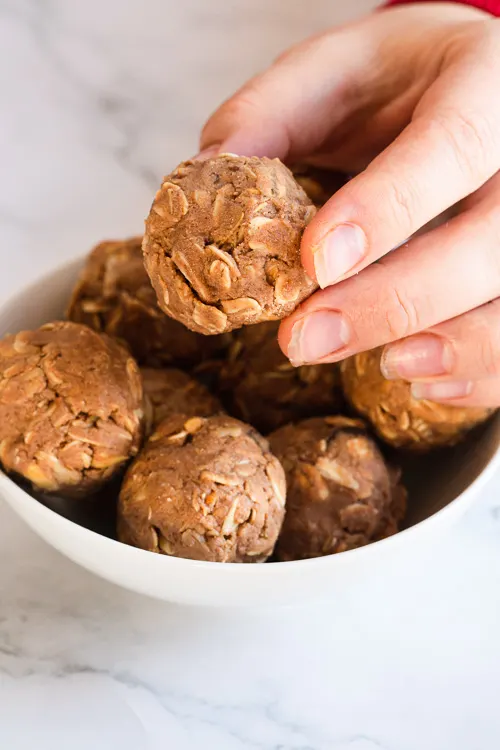 hand lifting Protein Ball from in white bowl.