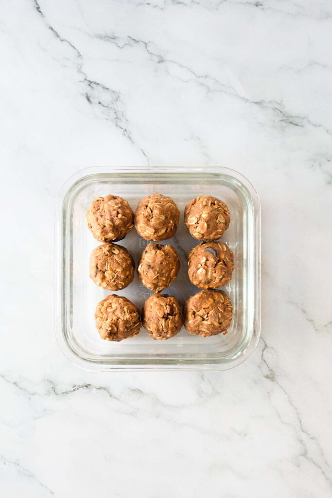No Bake Protein Balls in a storage container ready for a road trip