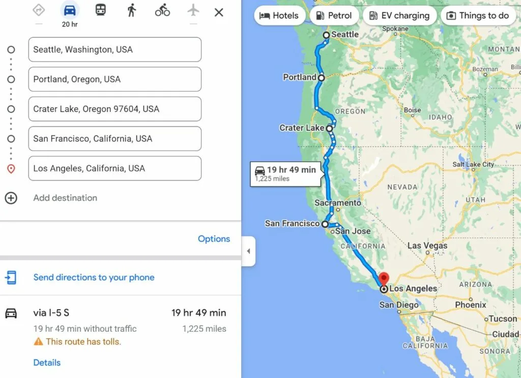 A screenshot showing a road trip itinerary that has been planned using Google Maps
