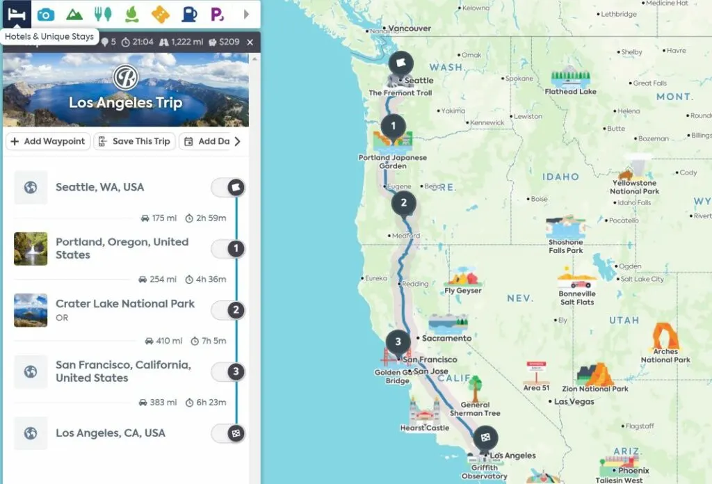 A screenshot of a road trip itinerary planned using the Roadtrippers App