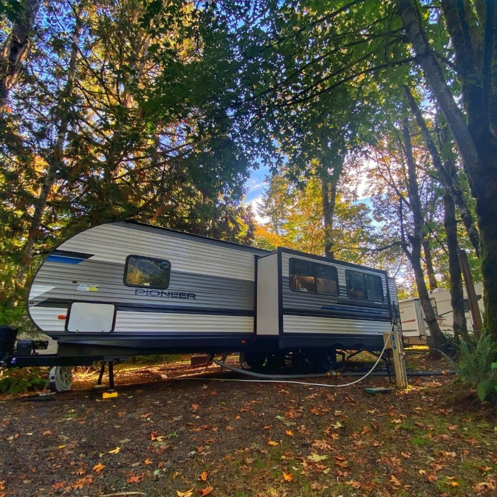 Our RV parked up in the forest